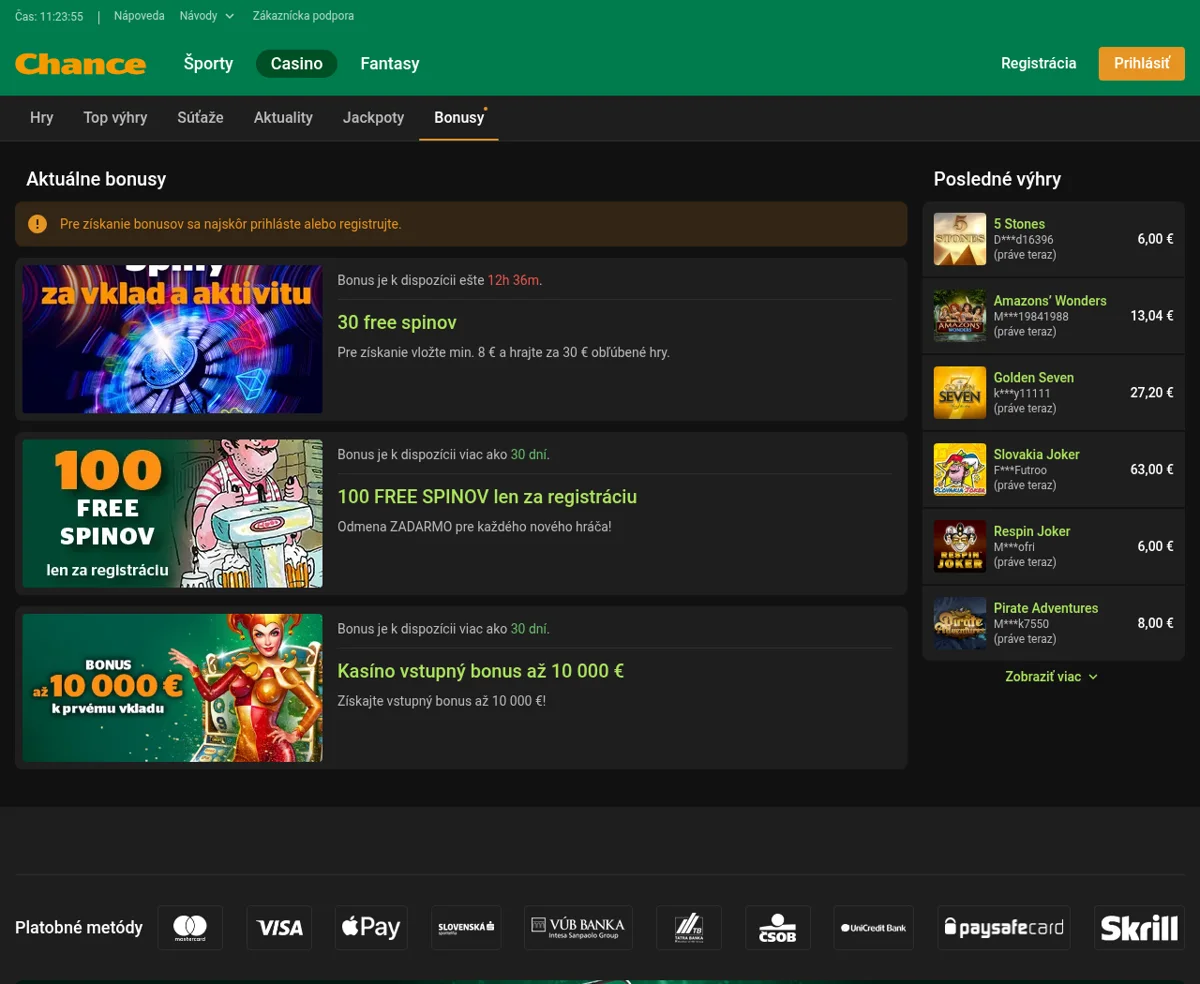 Uvítací bonus Chance kasíno 100 voľných zatočení a vstupný bonus pre nových hráčov