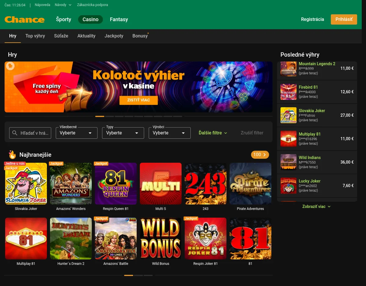 Herné lobby Chance online kasína s automatmi a jackpotmi