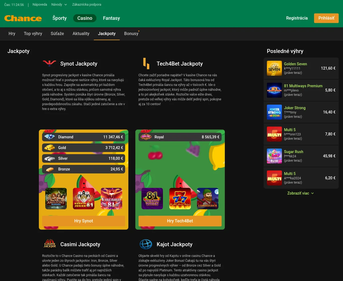 Progresívne jackpoty v Chance kasíne Synot Tech4Bet Kajot Casimi