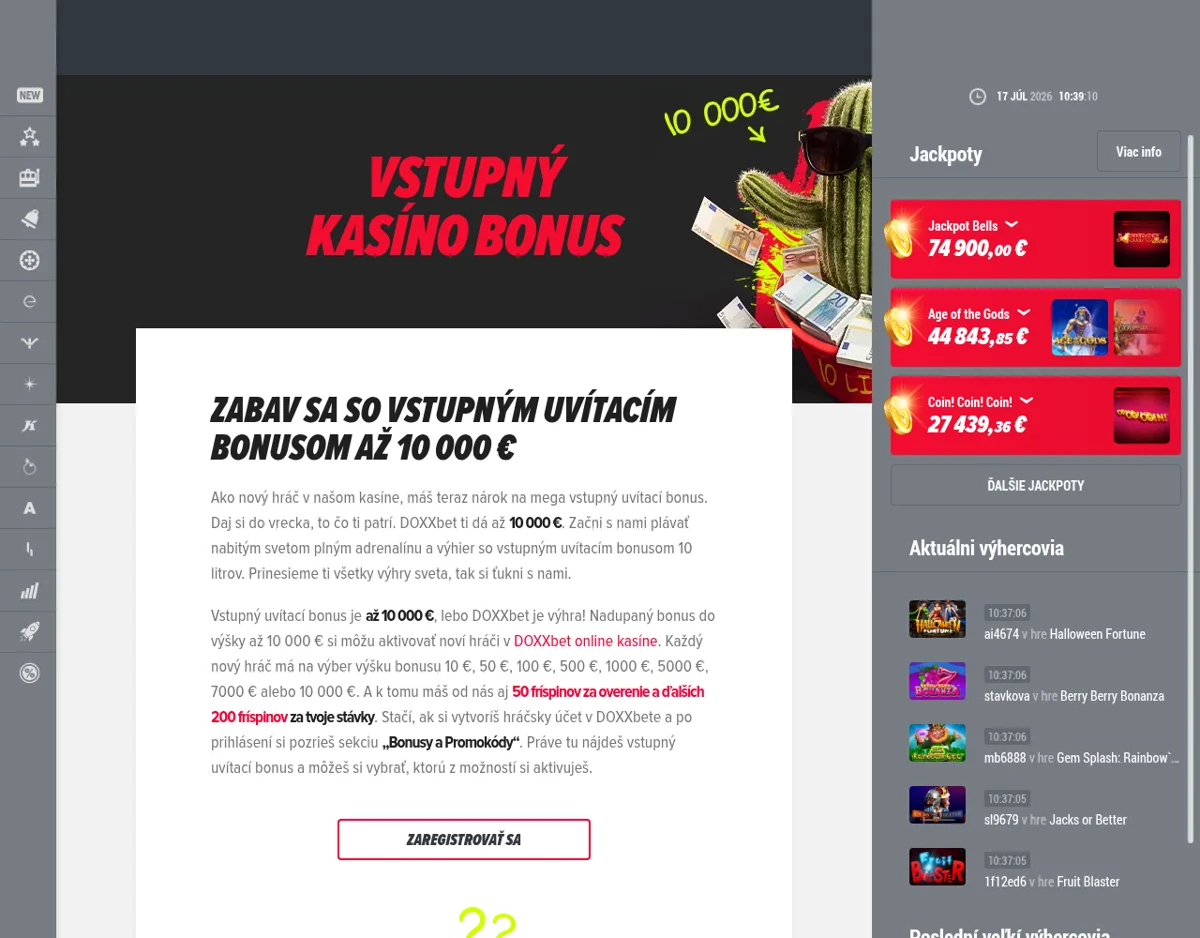 Uvítací bonus DOXXbet kasíno 250 fríspinov a vstupný bonus až 10 000 eur