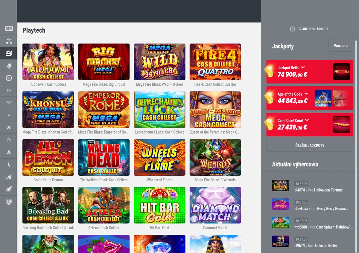 Herné lobby DOXXbet online kasíno s automatmi Playtech a jackpotmi