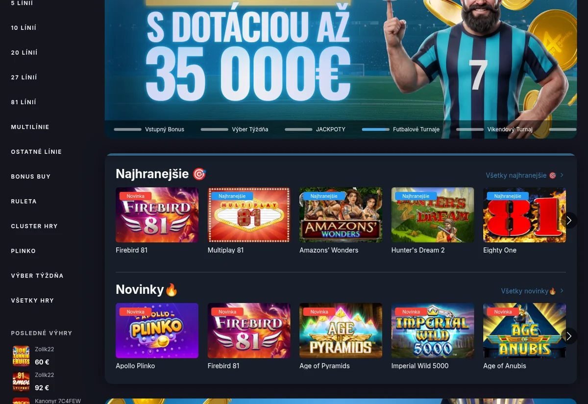Herné lobby Go4Games s výhernými automatmi a kategóriami hier