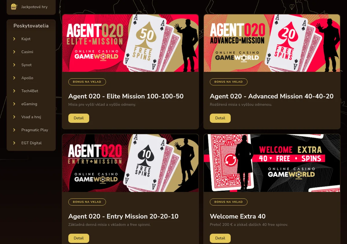 Bonusová ponuka GameWorldBet: uvítacích 100 free spinov a denné misie Agent 020