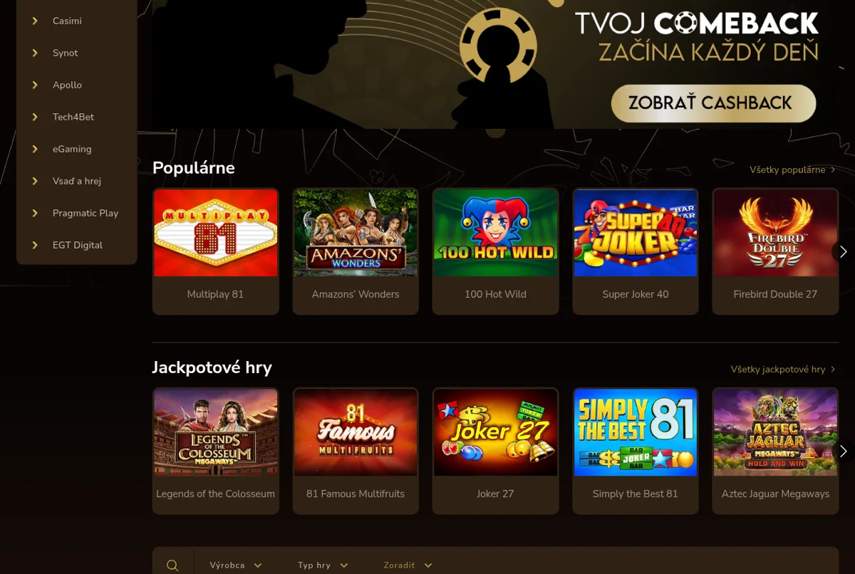 Herné lobby GameWorldBet s automatmi od Kajot, Synot, Apollo a Pragmatic Play