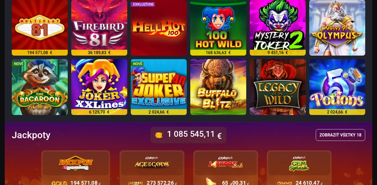 Herné lobby Fortuna Casino s automatmi od Synotu, Apolla a Playtechu