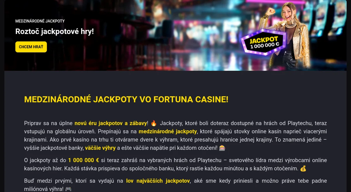 Medzinárodné progresívne jackpoty Fortuna Casino až do 1 000 000 €