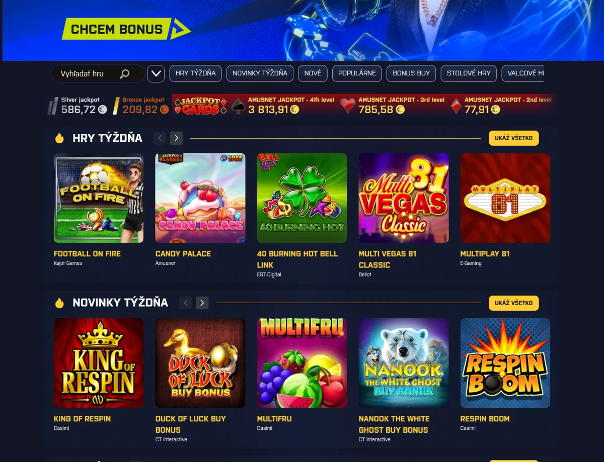 Herné lobby online kasína Kajot Intacto s automatmi od Kajot Games, EGT, Amusnet a Synot