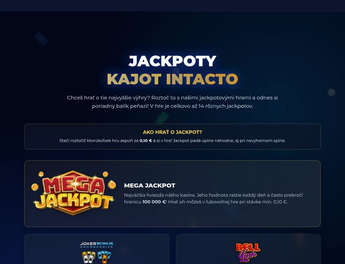 Progresívne jackpoty Kajot Intacto — Mega Jackpot, Kajot Joker Jackpot a EGT Bell Link