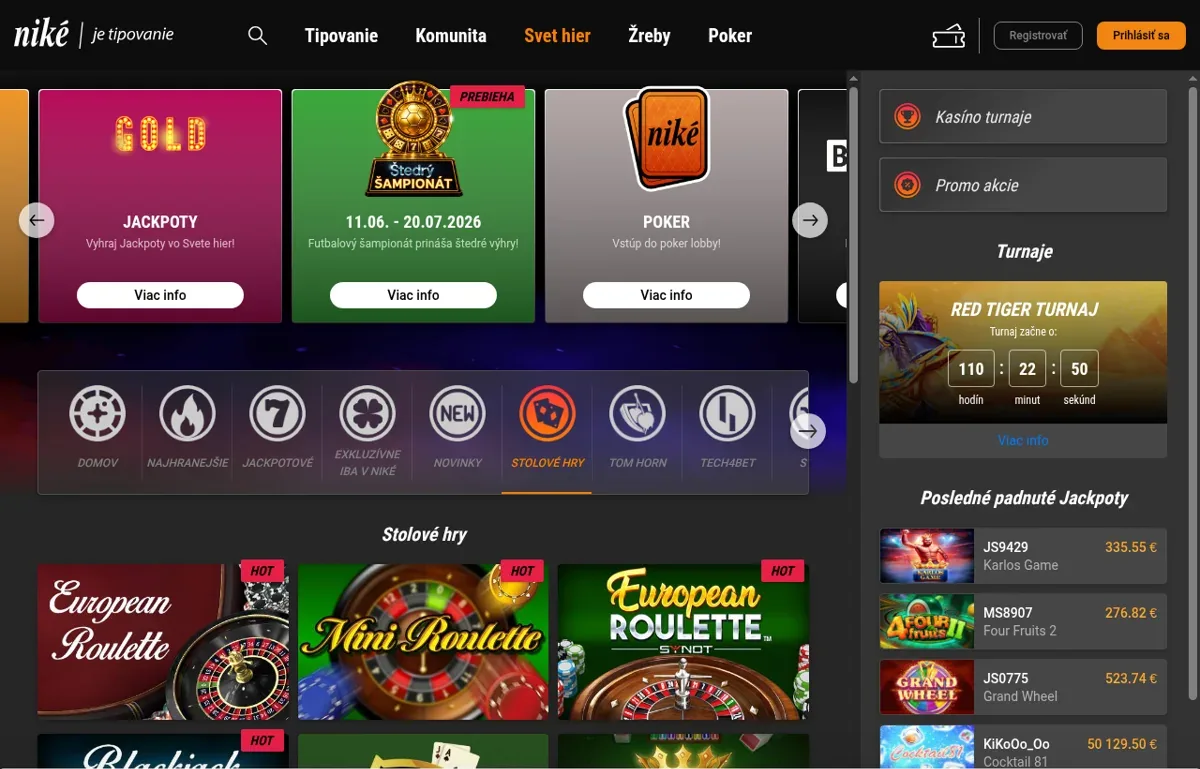 Stolové hry Niké — ruleta a blackjack vo Svete hier