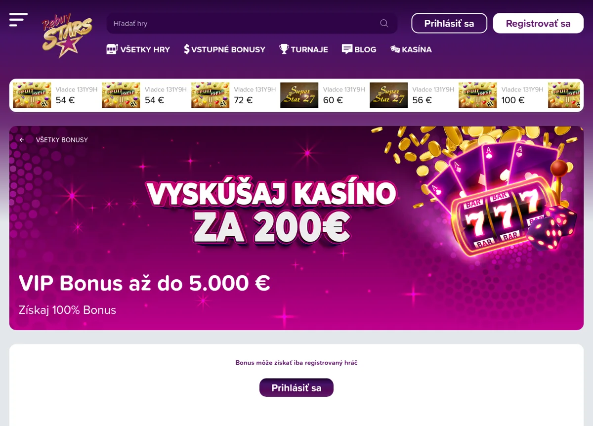 Vstupné bonusy Rebuy Stars: uvítací bonus 200 € bez rizika a VIP bonus až do 5 000 €