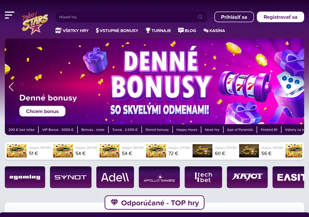Herné lobby Rebuy Stars s automatmi od Synot, Apollo, Kajot a Pragmatic Play