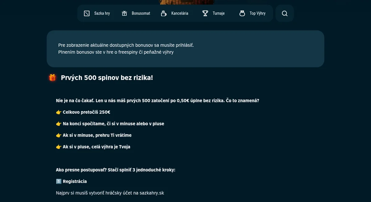 Vstupný bonus Sazka Hry: prvých 500 spinov bez rizika s cashbackom až do 250 €