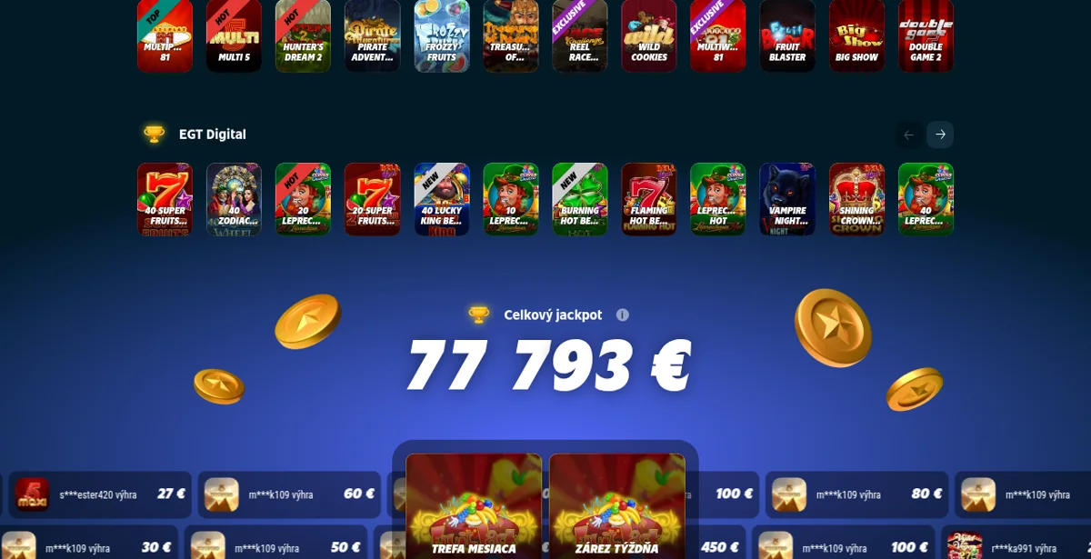 Herná ponuka Sazka Hry: výherné automaty EGT Digital a celkový jackpot v lobby kasína