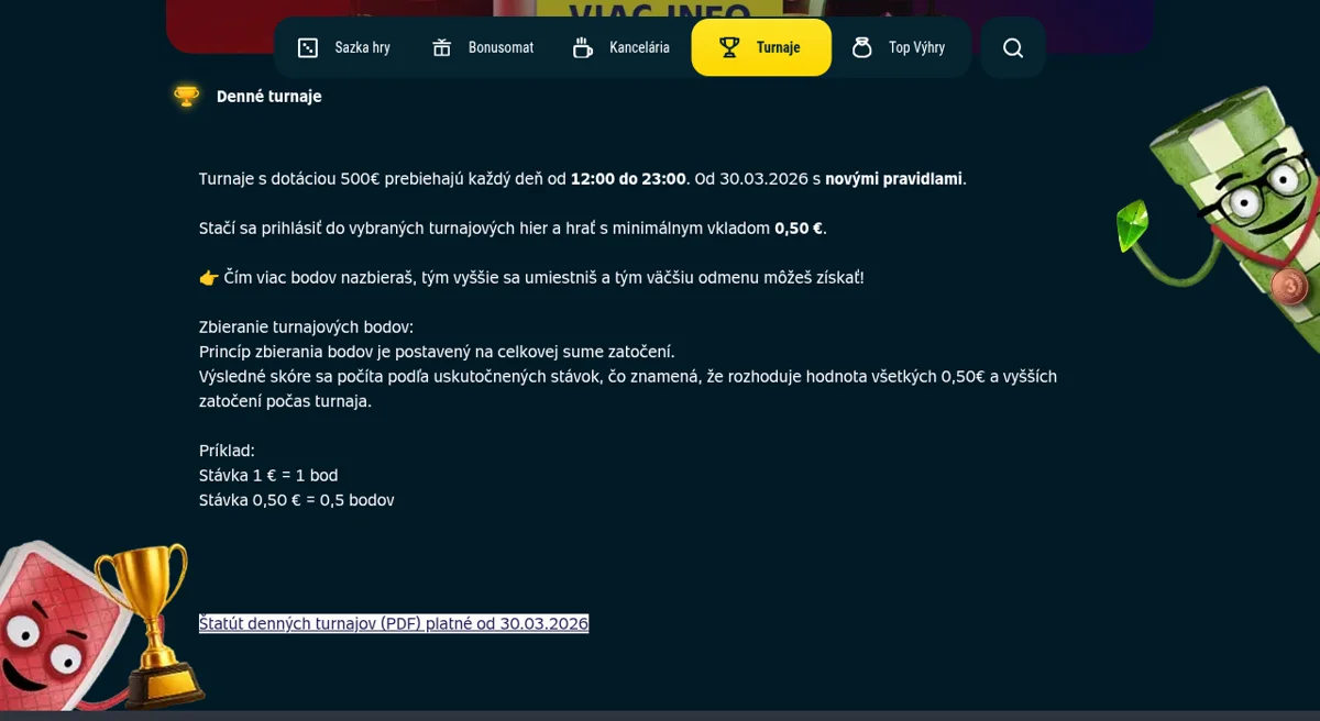 Denné turnaje Sazka Hry s dennou dotáciou 500 € a bodovaním podľa stávok