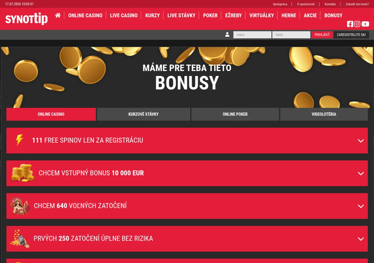 Uvítací bonus SYNOT TIP kasíno 111 free spinov za registráciu a vstupný bonus až 10 000 eur