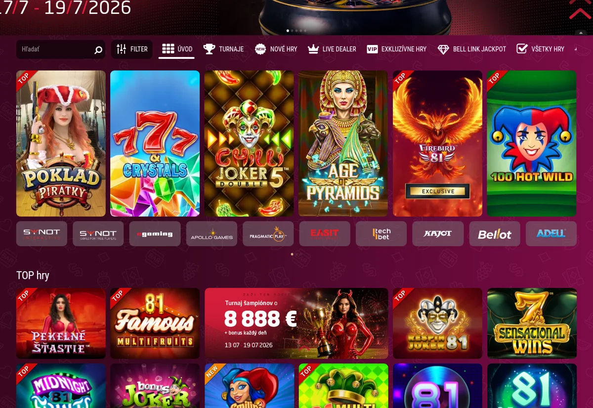 Herné lobby SYNOT TIP online kasíno s automatmi a hernými štúdiami