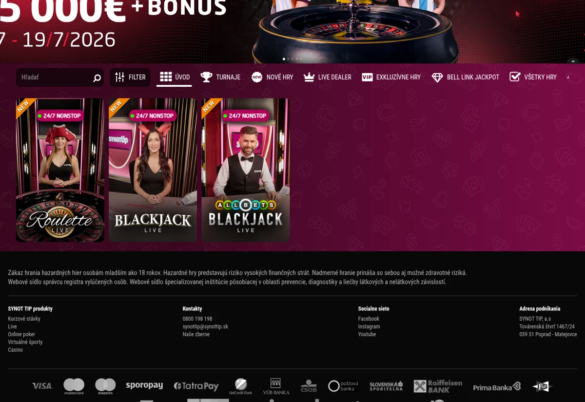 Živé kasíno SYNOT TIP s krupiérmi a stolovými hrami Live Dealer